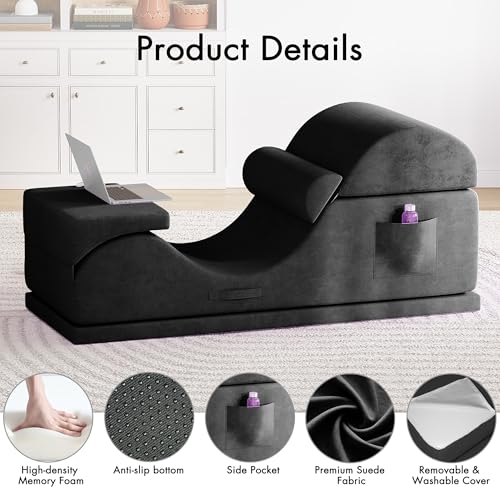 Convertible Yoga Chair for Adults, Ergonomic Foam Lounge with Lumbar Pillow, Washable Cover, Side Pocket, No Assembly Needed – Great for Exercise, Stretching & Relaxation Black - color: Black
