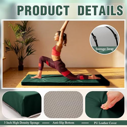 Lyrow 3 Inch 72"x 24" Thick Foldable Yoga Mat with Carry Strap, Non-slip Portable Foam Gym Mat for Yoga, Pilates and Stretching - color: Dark Green