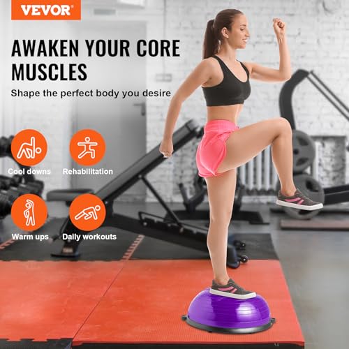 VEVOR Half Exercise Ball Trainer, 23/26 inch Balance Ball Trainer, 1500lbs Capacity Stability Ball, Yoga Ball with Resistance Bands & Foot Pump, Strength Fitness Ball for Home Gym Full Body Workout - color: 23" Ripple Purple