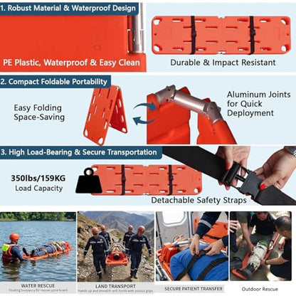 Foldable Spine Board Stretcher Kit - Portable Water Backboard for Hospitals, Clinics, Families & Sports - 4-Fold Lightweight Transport Stretcher