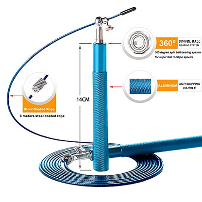 Speed Jump Rope - 360° Swivel Ball Bearing - Adjustable steel coated rope-Aluminum Anti Skipping Handle -Fitness Training Boxing Sports Exercises -Suitable for Kids and Adults - color: Blue