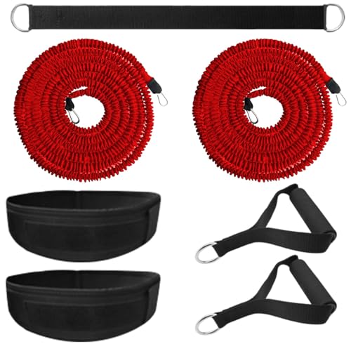 Speed and Agility Training Equipment, Two Resistance Bands and Adjustable Waist Belts 8pcs 80lb for Solo or Partner Exercise to Maximize Strength Power Focus Suitable for Muti-Sports