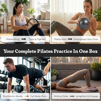 Premium 12pc Pilates Kit – 15 inch Pilates Ring and Ball Set w/ 1lbs Ankle Weights, Fabric Resistance Bands, Sliders, Yoga Socks & Gym Bag – Pilates Workout, Home Gym Equipment Accessories - color: Midnight Power (Black)