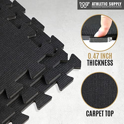 WF Athletic Supply Carpet Top EVA Foam Floor Tiles, Black Carpet Texture Surface Puzzle Interlocking Mats for Home Gym, Kids Room & Living Room; 24-inch x 24-inch x 12-mm per Tile