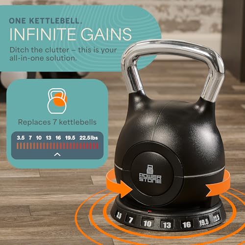LifePro 7-in-1 Adjustable Kettlebell – PowerStone, Die-Cast Aluminum & Steel, Space-Saving Set with Handle-Twist Adjustment – Strength Training Kettlebell with Storage Base - size: 23.9 Pounds