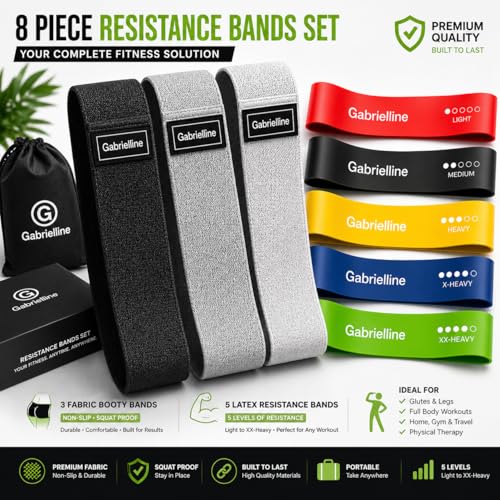 8-Piece Resistance Bands Set – 5 Latex Bands + 3 Fabric Booty Bands – Full Body Home Workout Kit for Women & Men