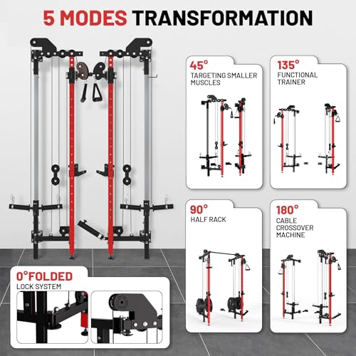 GarveeHome Folding Squat Rack, Wall Mounted Power Rack with Dual Pulley System & Pull Up Bar, Fitness Equipment for Home Gym, Garage, Apartment