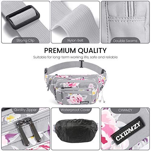 CXWMZY Fanny Packs For Women & Men Waist Pack Hip Bum Bag with Multi-Pockets Large Capacity Waterproof , for Disney Traveling Casual Cycling Running Hiking - color: Gray Flower