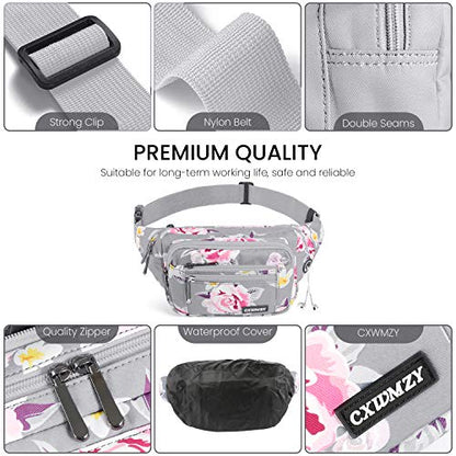 CXWMZY Fanny Packs For Women & Men Waist Pack Hip Bum Bag with Multi-Pockets Large Capacity Waterproof , for Disney Traveling Casual Cycling Running Hiking - color: Gray Flower