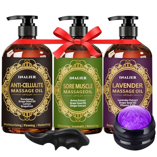 Fathers Day Gift,Gifts for Men,Massage Oil for Massage Therapy,3 Pack Cellulite Massage Oil,Sore Muscle Arnica Oil & Lavender Massage Body Oil with Massage Ball & Thumb Saver Tool,Gifts for Women