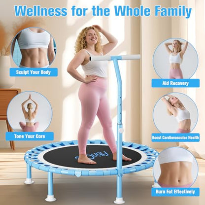 40" Fitness Mini Trampoline with Adjustable Handle Bar, 330lbs Foldable Bungee Rebounder for Adults and Kids, Stable & Quiet Exercise Rebounder Indoor Workout