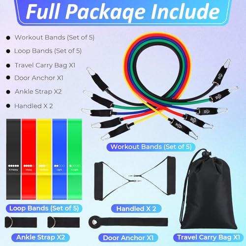 17 Pcs Resistance Loop Tube Exercise Bands Set for Working Out Handles Door Anchor Ankle Strap Portable Fitness Equipment with Instruction Carry Bag for Home Fitness Yoga Stretching Therapy