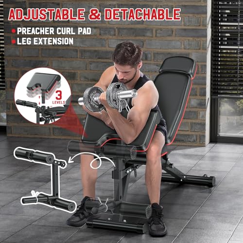 XDDIAS Workout Bench, Adjustable Weight Bench with Leg Extension and Leg Curl, Extended Headrest, 900LBS Preacher Curl Bench Incline Decline Flat Workout Bench for Home Gym Full Body Exercise - color: Black+Glossy