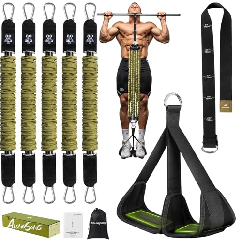 ALongSong Pull Up Assistance Bands with Foot Support Pedal - Upgraded Heavy Duty Resistance Bands Adjustable Weight/Height with Bands&Measured Strap for Strength Training Home Gym - color: Green, size: 5 Bands with 80lbs