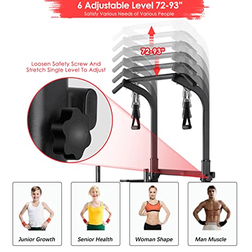 Power Tower with Bench, Pull Up Bar Dip Station, Power Tower Dip Station, Training Workout Equipment, Height Adjustable Pull Up Tower w/Folding Bench 4 Ropes, Strength Training, Home Gym