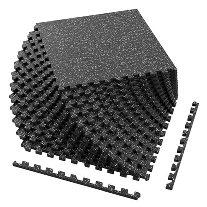 Giantex 12-Pack Interlocking Rubber Gym Floor Mats, 0.79'' Thick 24''x24'' Puzzle Tiles with Border Strips, 48 sq.ft Anti-Slip, Noise-Reducing Flooring for Home Workout Exercise (Black/Gray Speckled) - size: 0.79'' | 12 Tiles | 48 Sq Ft