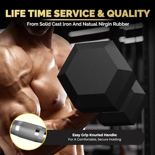 Hex Dumbbell Set with Rack (5lb-230lb), Rubber Encased Cast Iron Free Weights for Total Body Workouts, Easy Storage and Stable Dumbbell Sets for Home Garage Gym