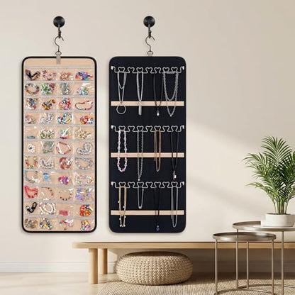 3 Pack Hanging Jewelry Organizer Storage with 48 Pockets and Hooks Dual-Sided Hanging Jewelry Organizers and Storage Hang on Closet, Wall, Door for Earrings, Necklaces, Rings,Blcak - size: Large
