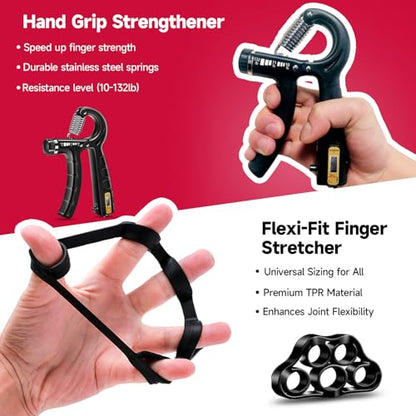 FitBeast Hand Grip Strengthener Workout Kit (5 Pack), 2 Forearm Grip Adjustable Resistance Hand Gripper, Finger Stretcher, Grip Ring & Stress Relief Grip Ball for Athletes - color: Black