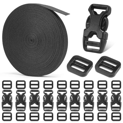 BEYOURD Buckle and Strap Set 3/8", 10 Yards Webbing Strap, 10-Pack Dual Adjustable Side Release Plastic Buckles, 20 Tri-Glide Slider Clips, Black (3/8 Inch Combo Set) - style: 3/8" Combo Set