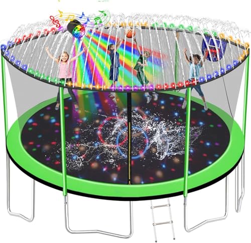 1500LBS 10FT 12FT 14FT 16FT Trampoline for Kids Adults with Basketball Hoop, Enclosure Net, Sprinkler, Lights, Disco Ball with Music Speaker, Heavy Duty Trampoline Outdoor Trampolines - color: Green - 15FT