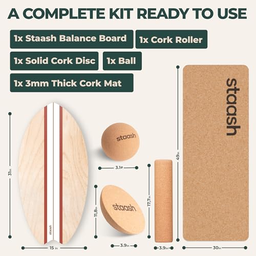 STAASH® Balance Board Full Kit – Premium Birch Wood Trainer with Cork Roller, Balance Disc, Massage Ball & Anti-Slip Mat – Core Strength, Surf, Snowboard & Rehab Training – All-In-One Set