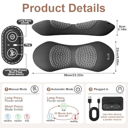 Electric Lumbar Massage Pillow, 3-in-1 Rechargeable Triple Fusion Back Massager with Heat/Vibration/Traction, Heated Lower Back Massager Pillow for Pain Relief Deep Tissue, for Bed Chair