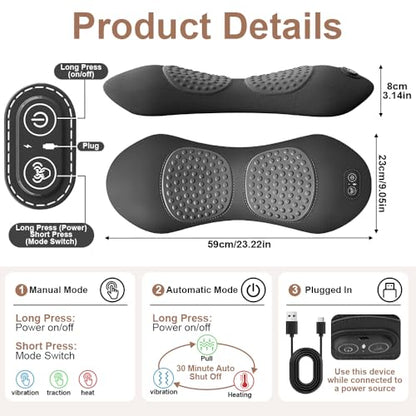 Electric Lumbar Massage Pillow, 3-in-1 Rechargeable Triple Fusion Back Massager with Heat/Vibration/Traction, Heated Lower Back Massager Pillow for Pain Relief Deep Tissue, for Bed Chair