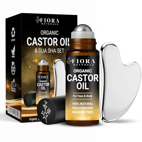 Organic Castor Oil Roll On & Stainless Steel Gua Sha Facial Tool – Metal Face Sculpting Tool, Cooling Gua Sha Oil Massage Set, Jawline Lift, Puffiness Care, Facial Oil Roller for Skin Routine - size: 1 Fl Oz (Pack of 1)