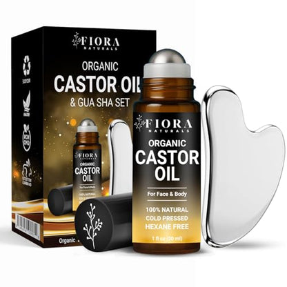 Organic Castor Oil Roll On & Stainless Steel Gua Sha Facial Tool – Metal Face Sculpting Tool, Cooling Gua Sha Oil Massage Set, Jawline Lift, Puffiness Care, Facial Oil Roller for Skin Routine - size: 1 Fl Oz (Pack of 1)