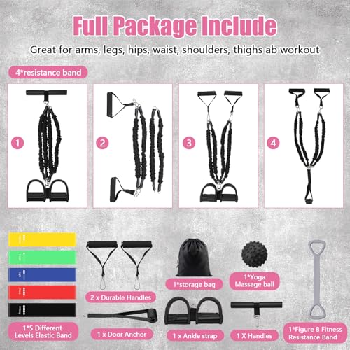 Pedal Resistance Band Set, 4-Tube Adjustable Elastic Bands, Foot Pedal Ankle Puller for Legs Glutes Training, Home Fitness Strength Training for Men Women with 6 Pcs Exercise Bands
