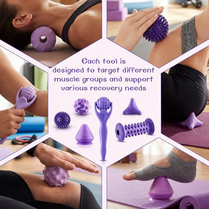 9 Pcs Massage Balls Set for Myofascial Point Release & Deep Massage Tissue Includes Lacrosse, 360° Rotating Mountable Ball, Spiky Balls, Hand Exercise Ball, Foot Roller