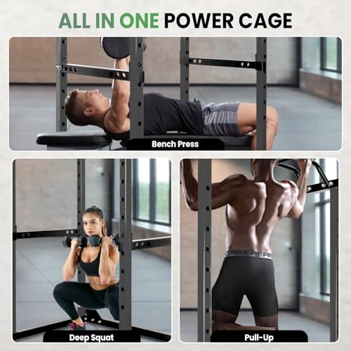 Space-Saving Power Cage for Small Home Gym, 1200 LBS Weight Capacity 2x2 Steel Squat Rack with Multi-Grip Pull Up Bar, Adjustable J-Hooks & Safety Bars for Full Body Workout, Smith Machine