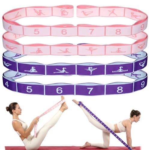 4 Pcs 12 Loops Stretch Bands for Yoga, Pilates, Physical Therapy - Elastic Strap for Flexibility, Leg Exercise, Dance Fitness Equipment (2 Purple, 2 Pink)