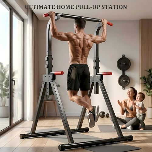 Foldable Pull Up Bar Standing Power Tower, Multi-Function Dip Station, 6-Level Adjustable Height Strength Training Equipment for Home Gym, 440lbs Capacity