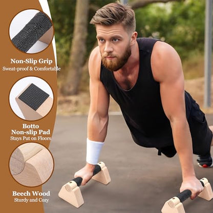 Push Up Bar 2Pcs, Wooden Calisthenics Equipment for Men & Women Strength Training, Pushup Handles with Non-Slip Base