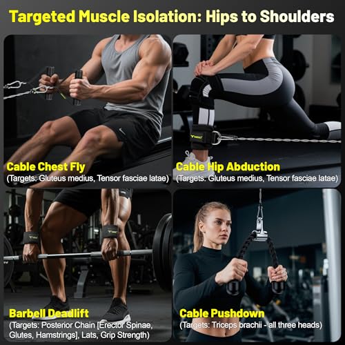 Cable Attachments for Gym, LAT Pulldown & Cable Machine Attachment Set: V-Shaped Bar, Rotating Straight Bar, V Rotation Handle, Nylon Tricep Rope, Ankle Straps & Handles, Home Gym