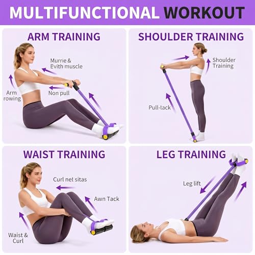 Pedal Resistance Bands with Handles, 6-Tube Sit Up Pull Rope Resistance Trainer, Natural Latex Foot Pedal Exercise Bands for Full Body Workout, Home Fitness Training, Waist, Arms & Legs (Purple)