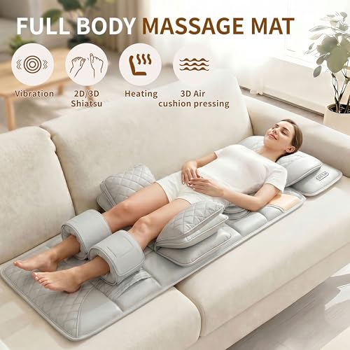 Full Body Massage Mat with Heat,Back Massage Pad with Movable Shiatsu Neck Massager for Bed Sofa,3D Airbags Body Stretching & Lumbar Traction,Portable & Foldable,Gifts for Men Women