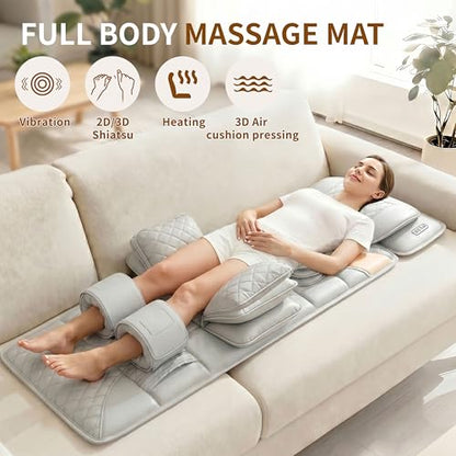 Full Body Massage Mat with Heat,Back Massage Pad with Movable Shiatsu Neck Massager for Bed Sofa,3D Airbags Body Stretching & Lumbar Traction,Portable & Foldable,Gifts for Men Women