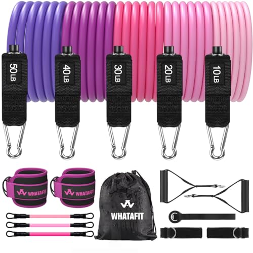 WHATAFIT Resistance Bands, Exercise Bands, Workout Bands with Handles, Door Anchor and Ankle Straps, 5 Resistance Levels Fitness Bands for Strength Training, Physical Therapy, and Home Gym Equipment - color: Pink Purple-Ankle