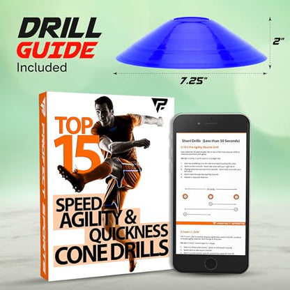 Pro Disc Cones (Set of 50) - Agility Soccer Cones with Carry Bag and Holder for Sports Training, Football, Basketball, Coaching, Practice Equipment, Kids - Includes 15 Best Cone Drills Book