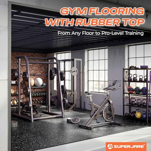 SUPERJARE 0.56'' Thick 24 Pcs 96 Sq Ft Rubber Top Exercise Equipment Mats, High Density EVA Foam Mats with Rubber Top, Interlocking Gym Flooring for Home Gym, Protective Workout Mat, Black/Grey - size: 24 Tiles (96 Sq Ft)