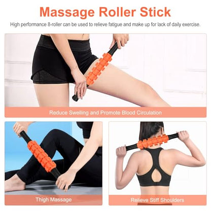 Aucuu 6 in 1 Foam Roller Set Includes Hollow Core Massage Roller, Yoga Stick, Massage Ball, Fitness Stretching Strap, Carrying Bag, Towel, Massage Roller (Orange)