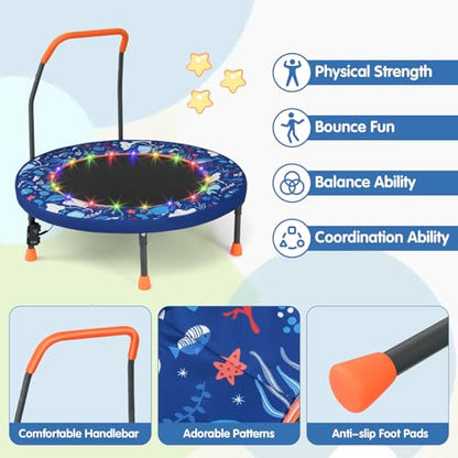 Goplus Foldable Toddler Trampoline for Kids, 36'' Recreational Mini Trampoline w/20 LED Lights, Foam Handle, Padded Safety Cover, Indoor Outdoor Exercise Rebounder for Boys Girls Aged 3-6 - style: Navy-Ocean