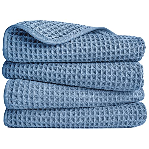POLYTE 430 GSM Poly Blend Microfiber Quick Dry Waffle Hand Towel, 16x30 in - color: Blue