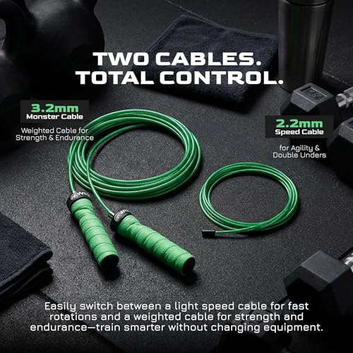 Attack Speed Jump Rope Adjustable Dual-Cable Skipping Rope for Men, Speed & Weighted Options, Fast Fold-Over Adjustment Durable Adult Boxing Rope for Fitness, Cardio Home Gym & Cross Training - Green