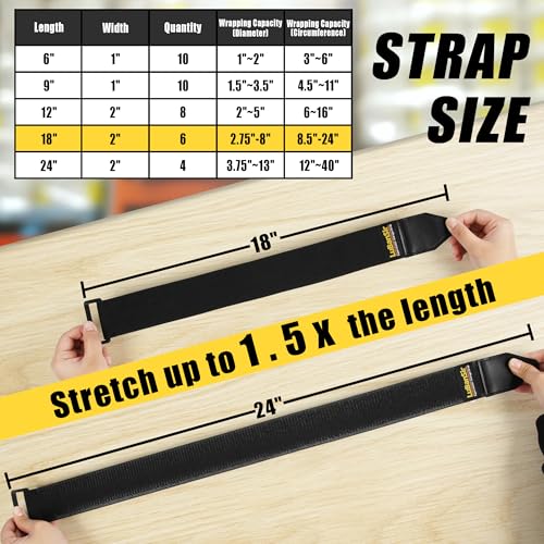 Cinch Straps - 2" x 18" (6 Pack) Elastic Hook and Loop Storage Straps with Buckle for Bicycle, Truck, Boat and More for Extension Cords, Ropes, Hoses Organization - Black