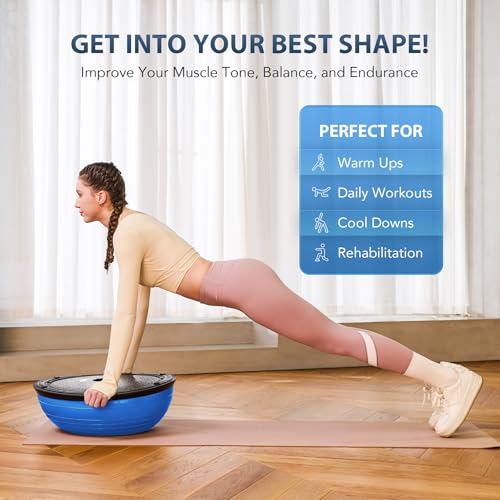 ZELUS Half Balance Ball Trainer, 23 inch Half Exercise Ball with Nonslip Base, 330lbs Cap Half Yoga Ball with Resistance Bands & Foot Pump, Extra Ball Included, Strength Fitness Ball for Home Gym
