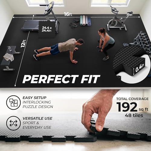 bemaxx Gym Mats Set - 48 pcs EVA Interlocking Foam Floor Tiles (24.4"x24.4"x0.4") 192 sqft Protective Gym Flooring Sports Home Workout Exercise Mats Puzzle Garage Fitness Play-Room Pool Treadmill Bike